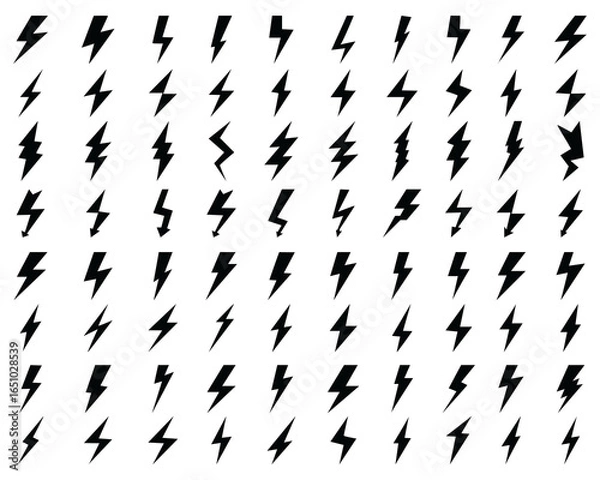Fototapeta Black icons of thunder and flash lighting on a white background