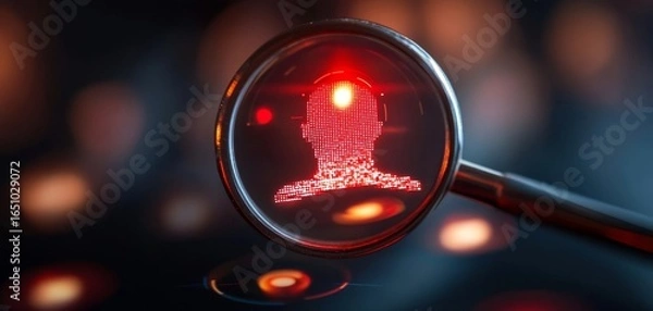 Fototapeta A red digital head silhouette is seen through a magnifying glass, symbolizing data analysis or cybersecurity.