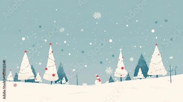 Fototapeta Abstract Scandinavian style Christmas scene with minimalist white trees and red polka dots on a clean neutral background. Modern Nordic design for holidays, stylized seasonal decorations