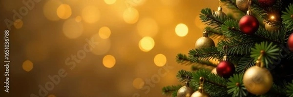 Fototapeta Shimmering gold backdrop, softly focused Xmas tree , celebration, tree, tree lights