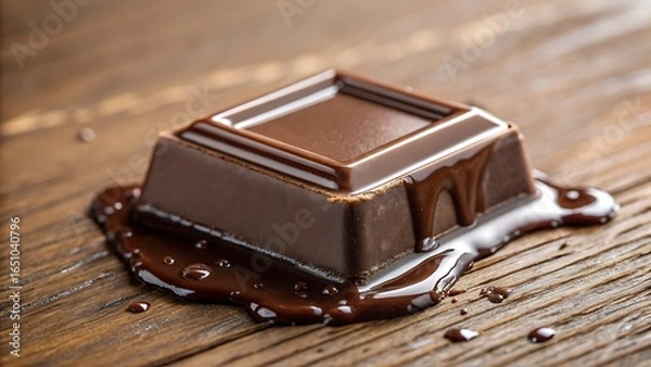 Fototapeta Square chocolate melting on wood creates a rich, indulgent liquid. Perfect for food blogs, dessert recipes, social media posts, and confectionery promotions.