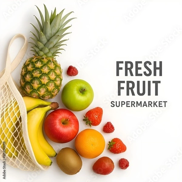 Obraz Fresh tropical fruits with eco bag on white background, healthy food concept with copy space for text, supermarket advertisement template, organic nutrition