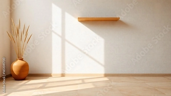 Fototapeta Warm sunlight streams across textured wall with dried grass in terracotta vase