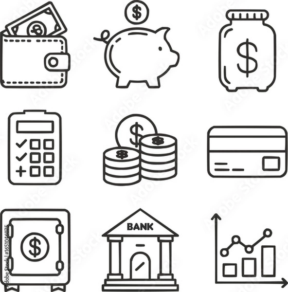 Fototapeta Money Management Outline Icons Set – Budgeting, Saving, and Financial Planning