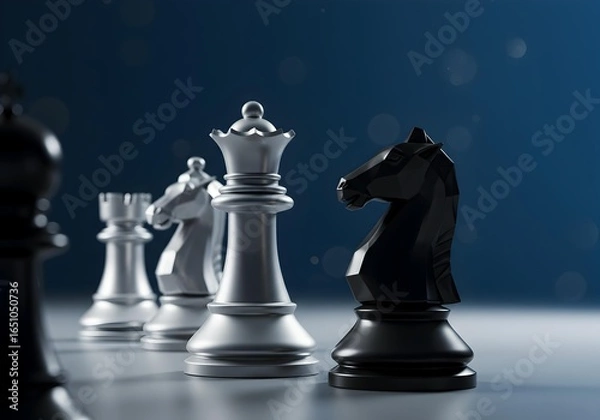 Fototapeta Close-up of a Black Chess Knight with White Pieces in the Background