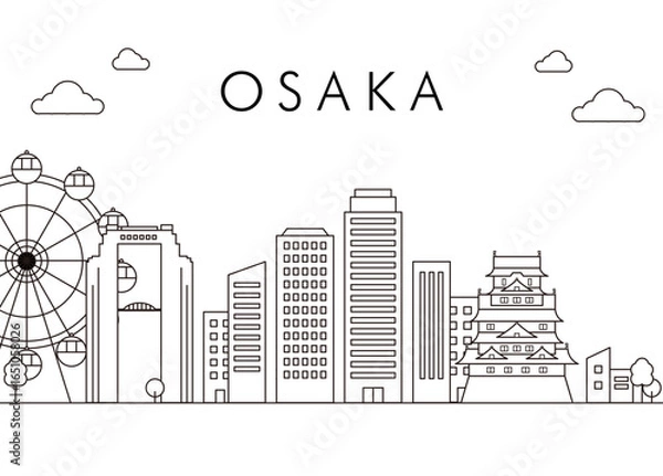 Fototapeta 大阪城と観覧車が並ぶ大阪の街並み線画イラスト