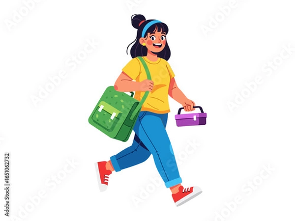 Fototapeta Cheerful Student Going To School: A vibrant illustration of a lively student is on the move, carrying her lunch and backpack, the very image of ready-to-learn eagerness. 