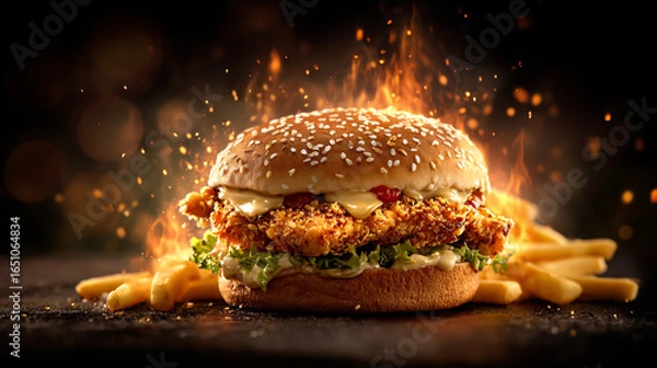 Fototapeta Delicious crispy fried chicken burger surrounded by fiery flames and french fries