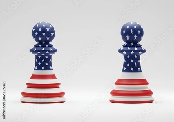 Fototapeta Two American flag themed pawns standing side by side on a clean white background, symbolizing unity and foundational strength