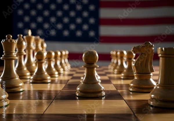 Fototapeta Chessboard set up with traditional wooden pieces, with a blurred American flag in the background, symbolizing national strategy