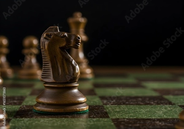 Fototapeta Close-Up View of a Dark Chess Knight Piece on a Textured Chessboard