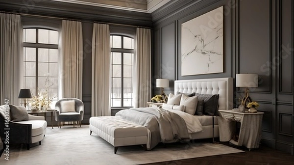 Fototapeta Floor-length drapery rail installation in luxury master suite, elegant wall textures and window framing visible, interior glow adds warmth.