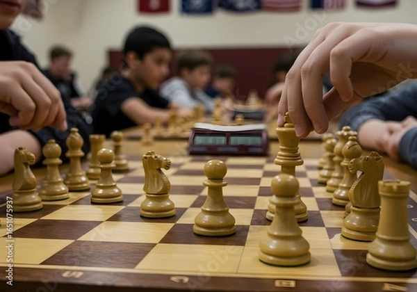 Fototapeta Detailed close-up of a hand making a strategic move with a chess piece on a classic wooden board.
