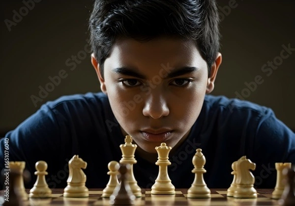 Fototapeta Intense close-up of a young male chess player deeply focused on the chessboard during a game.