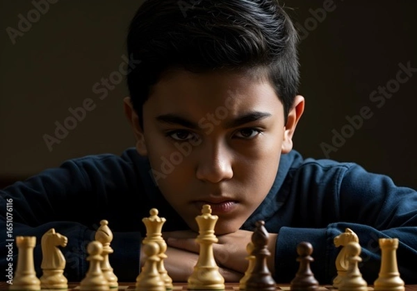 Fototapeta Portrait of a focused young boy contemplating his next move in a game of chess.
