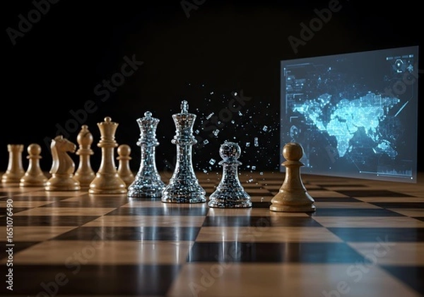Fototapeta Futuristic concept of a chess game with holographic world map projections, representing global strategy.