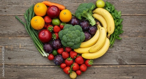 Fototapeta Heart-shaped arrangement of fresh vegetables and fruits on rustic background, healthy eating, World Food Day
