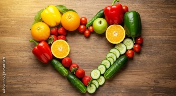 Fototapeta Heart-shaped arrangement of fresh vegetables and fruits on rustic background, healthy eating, World Food Day