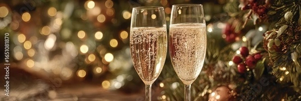 Fototapeta Celebratory glasses of sparkling drink amidst festive holiday decorations in a warm setting