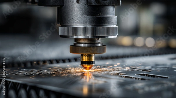 Fototapeta Close up of industrial laser cutting machine with sparks and metal plate