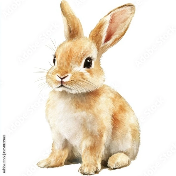 Fototapeta Tan Rabbit with Upright Ears Sitting on a White Background