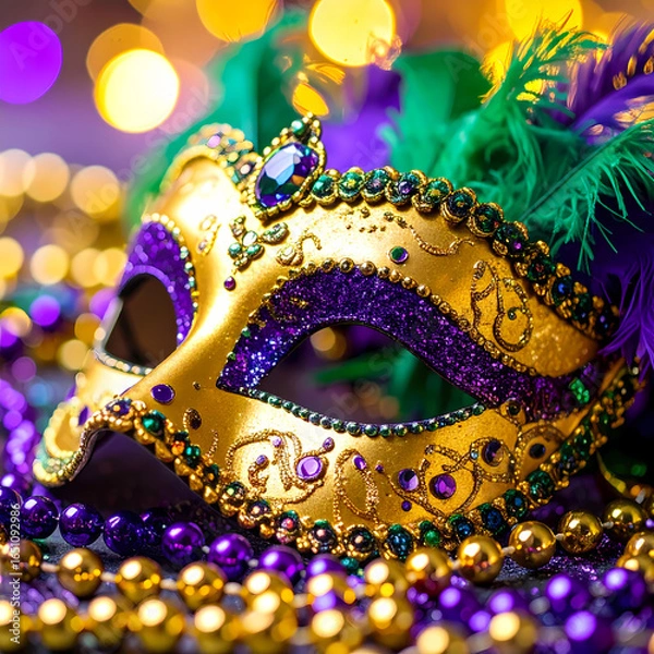 Obraz Mardi gras mask and beads close up