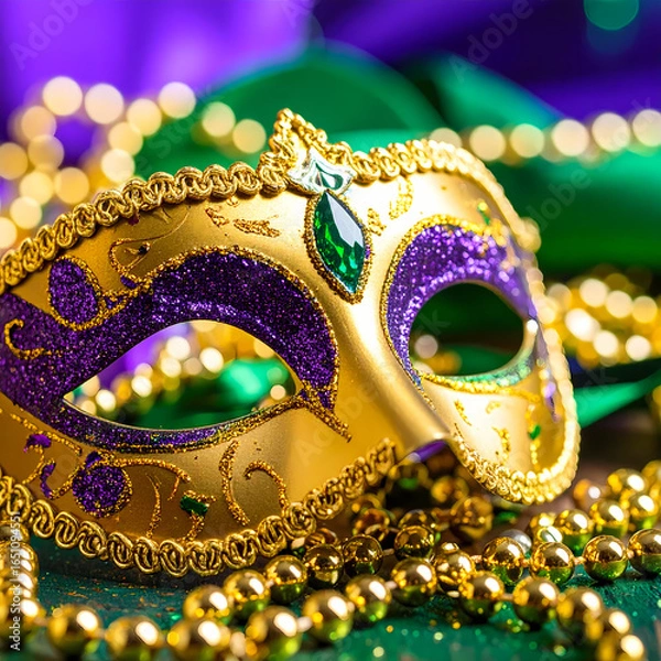 Obraz Mardi gras mask with beads closeup