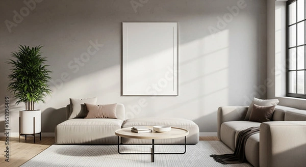 Fototapeta Modern Living Room Wall Poster Frame Mockup – ISO A Paper Size, Modern Interior Design, 3D Render