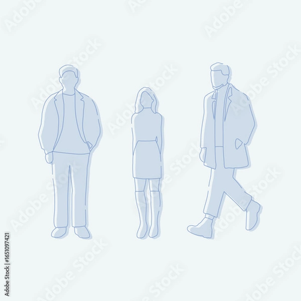 Fototapeta flat minimal people male and female vector illustration in winter clothing concept isolated set collection. Outline with silhouette shadow. For architecture rendering, design, info graphic, media