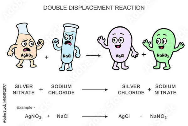 Fototapeta Funny cartoon of a double displacement reaction where silver nitrate reacts with sodium chloride to form silver chloride and sodium nitrate, ideal for chemistry visuals and education