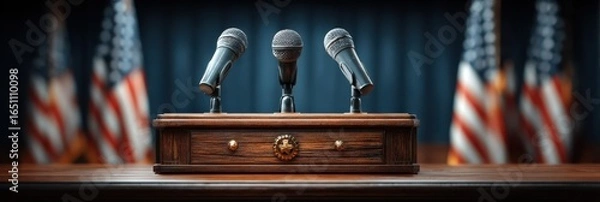 Fototapeta Media briefing setup with microphones and flags in a formal government setting