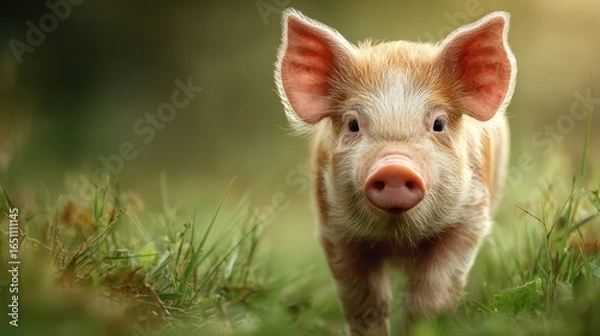 Fototapeta Young pig exploring a grassy field under soft sunlight in a rural environment