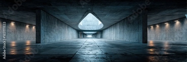 Fototapeta Modern architectural hallway with concrete walls and skylight in a spacious underground structure