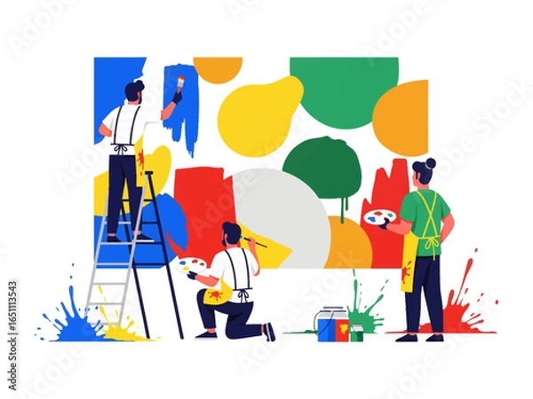 Fototapeta Artistic Collaboration: A team of artists collaborates to bring a vibrant, large-scale, abstract mural to life, using brushes and palettes with focus and expertise.