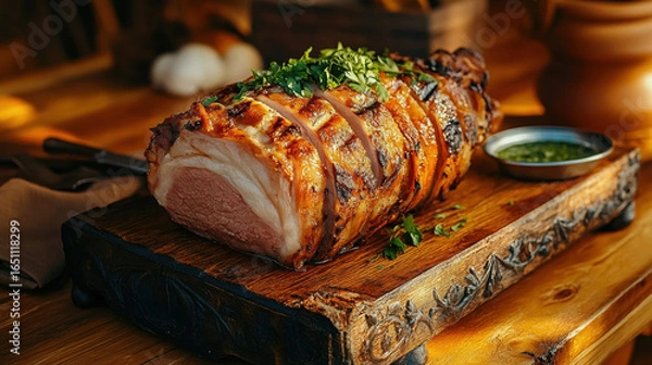 Obraz Spain food, Delicious roast suckling pig served with crispy skin, perfect for festive occasions and culinary delights.