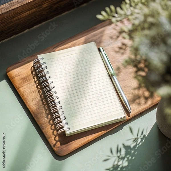 Fototapeta A spiral notebook and pen on a wooden board with greenery and sunlight