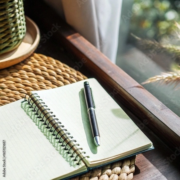Fototapeta Open notebook with pen on a woven surface near a window