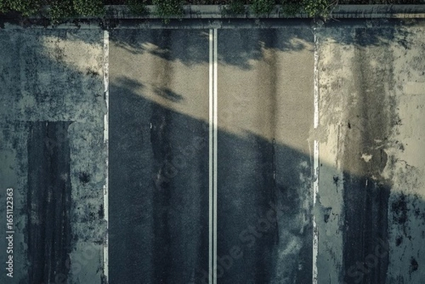 Fototapeta Aerial shot of a road with double white lines, flanked by textured concrete and greenery.