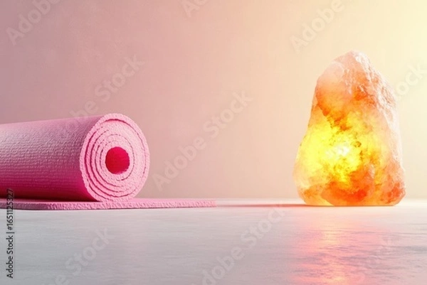 Fototapeta A pink yoga mat rolls out near a glowing Himalayan salt lamp in soft, peaceful light. 