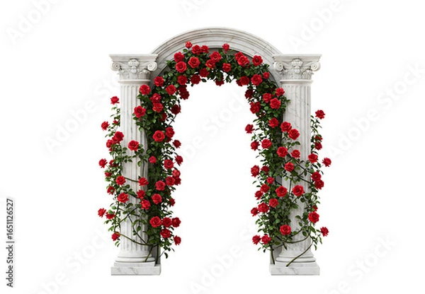 Fototapeta Elegant wrought iron gates adorned with lush red roses and greenery creating a romantic entrance transparent background