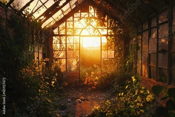 Fototapeta Sun-drenched abandoned greenhouse, nature reclaiming structure, flowers glowing amidst greenery, inviting golden light through a broken door