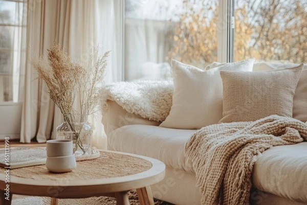 Fototapeta Cozy and inviting living room with natural light, featuring a comfortable sofa, soft textures, and neutral tones.