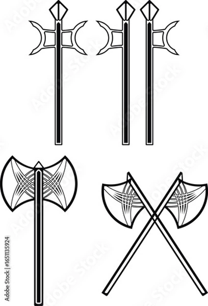 Fototapeta Medieval Weaponry Illustration Featuring Polearms and Axes with Intricate Designs on a White Backdrop, Displaying Historical Combat Tools