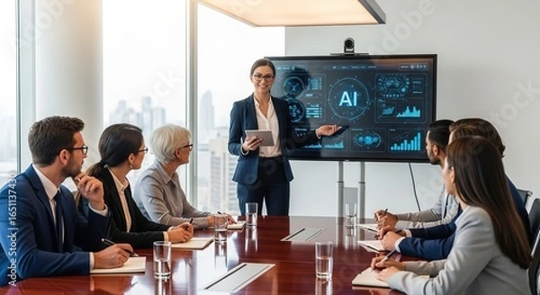 Fototapeta Businesswoman Presents AI Data Analytics to Diverse Team in Modern Office