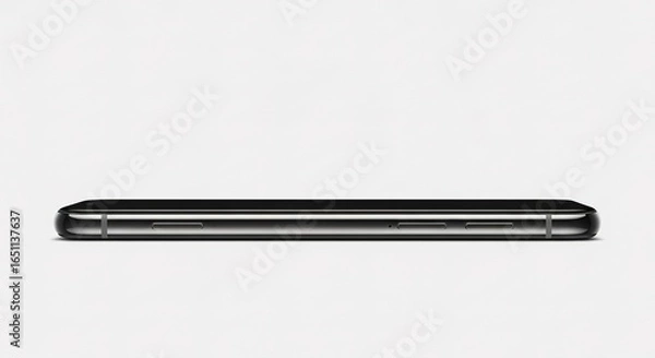 Fototapeta Close-up side view of a modern black smartphone with silver frame on a clean white background