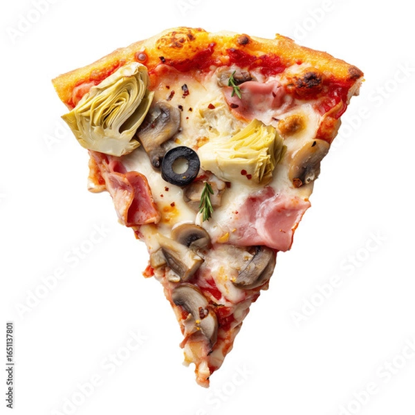 Fototapeta Slice of pizza Quattro Stagioni with Tomato sauce, mozzarella, artichokes, ham, mushrooms and olives isolated on white transparent background