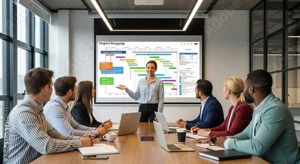 Fototapeta Diverse team in modern conference room observing project Gantt chart presentation