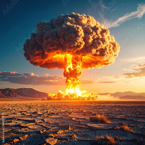Fototapeta Nuclear explosion over dry landscape sunset