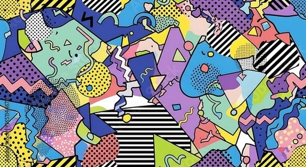 Fototapeta Colorful Abstract Geometric Pattern – Vibrant Memphis-Style Design with Shapes and Lines on White Background