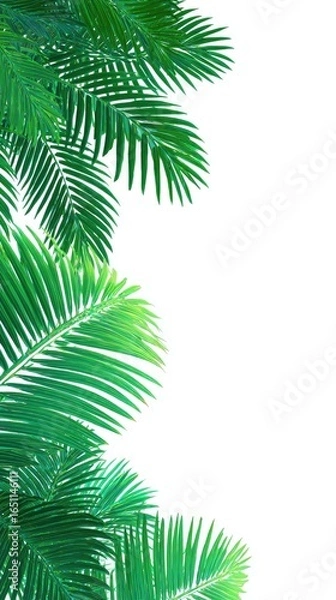 Fototapeta Lush tropical palm fronds, vibrant green, detailed leaves, frame design, isolated on white background